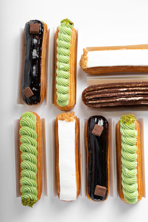 Eclairs Selection, Different Delicious Eclairs on White Background
