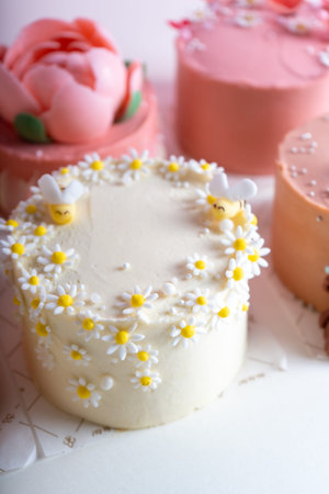 Cakes Assortment, Different Bento Cakes on Light Pink Background