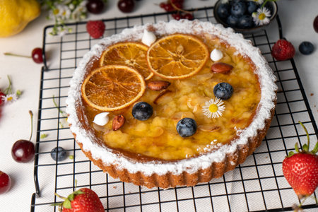 Freshly Baked Lemon Pie, Delicious Citrus Tart over Summer Backgroundの写真素材