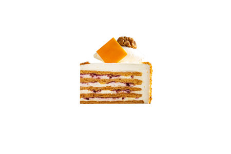 Layered Cake Slice with Cream Cheese Frosting and Berry Filling, Delicious Honey Cake