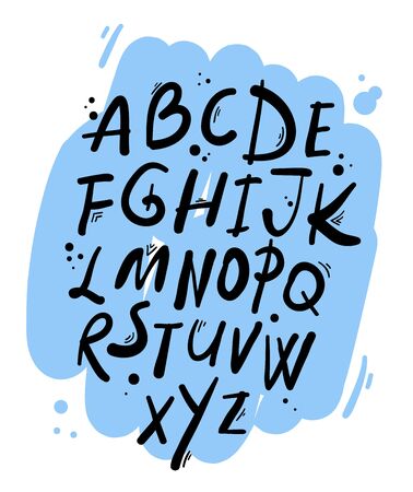 Hand drawn calligraphic font. Vector latin rustic alphabet painted by brush on blue background. Calligraphy unique cartoon doodle. Dots and stripes. Illustration concept for lettering design, poster