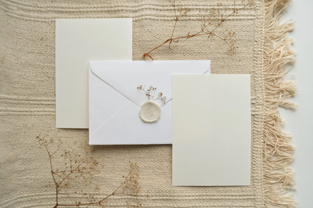 Craft envelope with stamp, greetings card, decorative blanket. Elegant boho flat lay composition on...