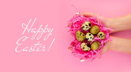 Many quail eggs. purple wrap paper strips heart shape nest in woman's hands with white manicure on pink background. Easter glamour beauty flat lay. Horizontal banner concept. Happy spring celebrationの写真素材