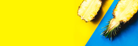 Two pineapple fruits half creative concept on blue and yellow background. Double colored creative...