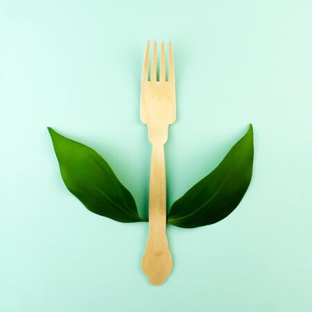 Wooden plywood fork on turquoise green mint background. Creative conceptual square art composition above. Zero waste recycle. Dish tool with green leaves wings. Flat lay natural organic equipmentの写真素材