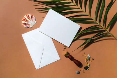 Empty stationery minimal mockup template. Paper invitation card and envelope, tropical sea decor,...