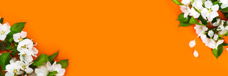 White flowers apple tree branch on orange background. Trendy Marigold color, golden orange infused...
