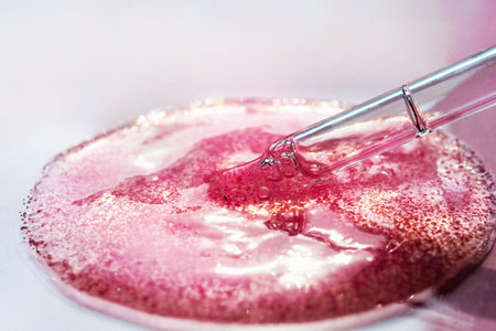Smear of pink scrub and pipette. Exfoliating Scrubber macro texture. Scientific cosmetology beauty...