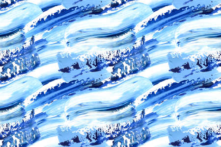 Seamless pattern Paint swatch smear background. Hand drawn blue and white acryllic Abstract texture clipartの写真素材