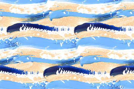 Hand drawn blue and gold brushstroke swash seamless pattern. Paint swatch smear background wallpaperの写真素材