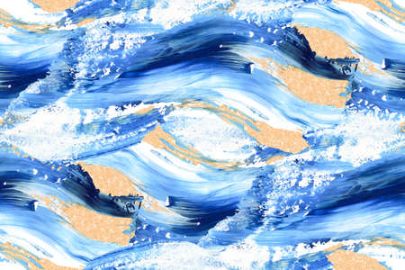 Hand drawn blue and gold brushstroke swash seamless pattern. Paint swatch smear background wallpaperの写真素材