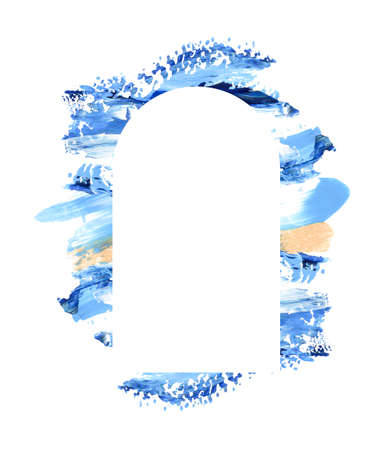 Blue brushstroke swash with white arch border. Card premade composition frame templateの写真素材