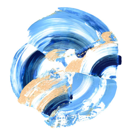 Hand drawn blue and golden brushstroke circle swash. Round paint swatch smear composition clipart