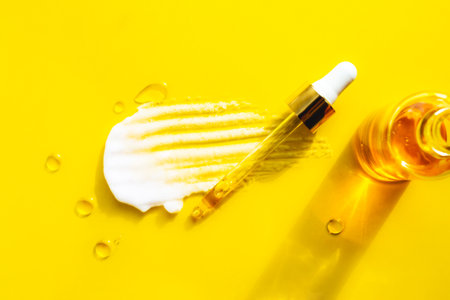 White smear of foam on yellow background. Oil drops, glass bottle with serum, pipette. Trendy beauty product wellness bannerの写真素材