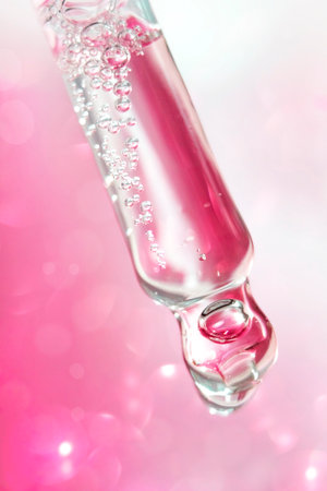 Transparent facial serum pipette on pink glitter bokeh background. Soft focus. Cosmetic Beauty product closeup.の写真素材