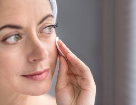 Mature lady using a cotton pad to clean her skin