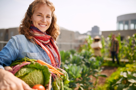Friendly woman harvesting fresh vegetables from the rooftop greenhouse gardenの写真素材