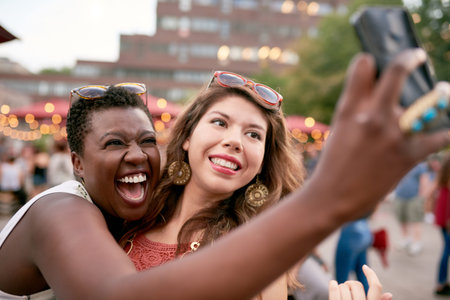 Diverse group of two girls taking selfies photos in the crowd of a summer music festival