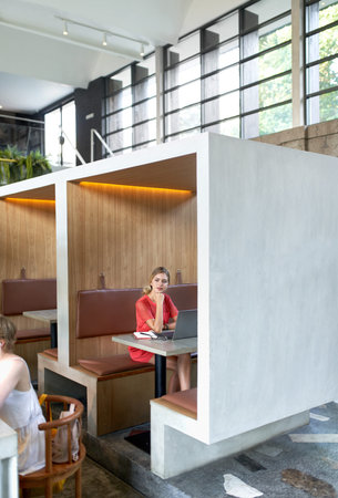 Lifestyle shot of trendy cafe with pretty blonde caucasian millennial female using laptop computer...