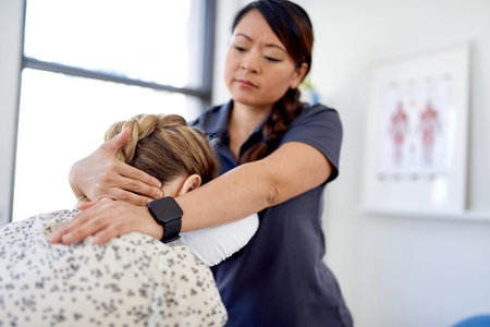 Chinese woman massage therapist giving a neck and back pressure