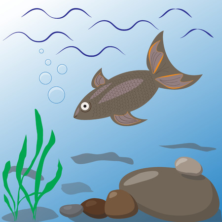 Undersea world. River or lake. Aquatic plants, fish. Vector illustration.のイラスト素材