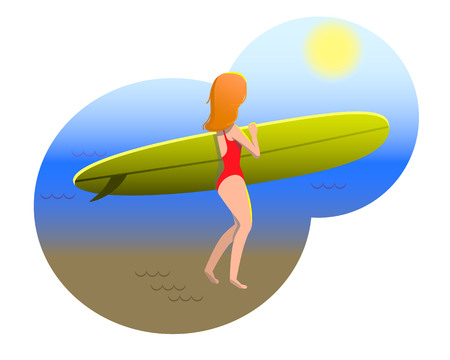 Vector illustration. The girl with the surf on the beach looks at the sun.のイラスト素材
