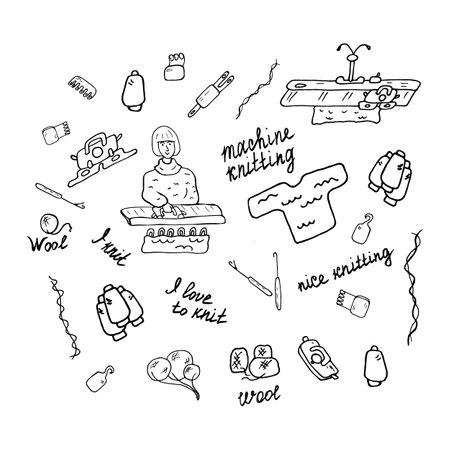 Set of Machine knitting. Black and white drawing.のイラスト素材