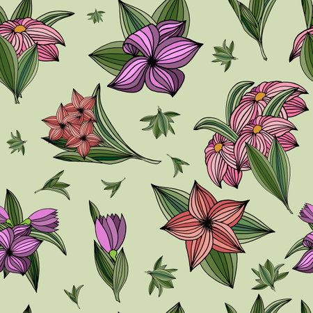 Floral seamless pattern. Bright drawing of bouquets.のイラスト素材
