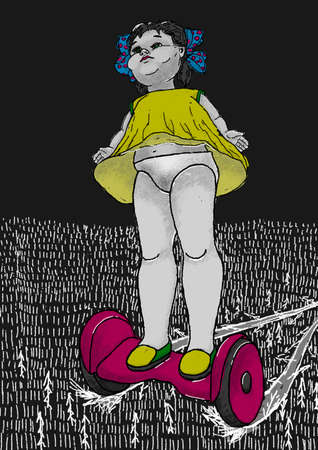 Toys at different times. The gigantic old doll rides on a new gyro board.の写真素材