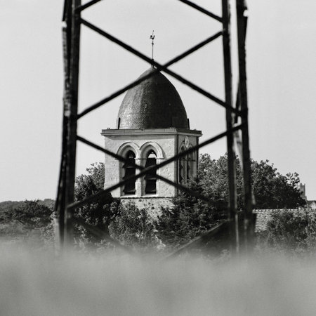 Old abandoned church in the field. Black and white photos. Vertical.の写真素材