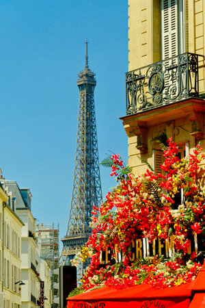 View of the Eiffel tower from the street of Paris in the morningの写真素材