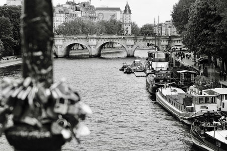 River Seine in Paris, France. Black and white photos. Pont des Arts, Parisの写真素材