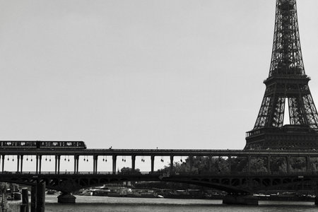 The Bir-Hakeim Parisian Metro in front of the Eiffel Tower, Paris France Black and whiteの写真素材