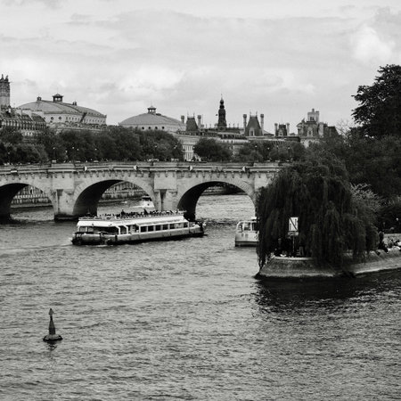 River Seine in Paris, France. Black and white photos. Pont des Arts, Parisの写真素材