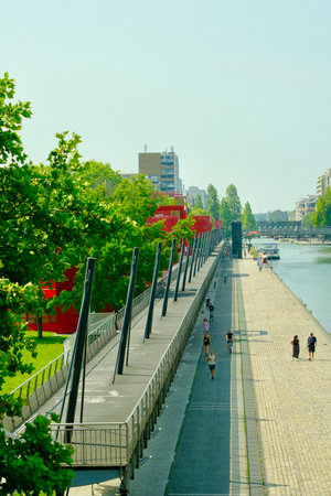 Paris la villette along the canal de l'ourcqの写真素材