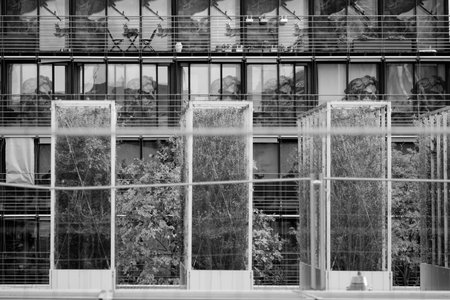 Modern office building. Architectural detail. Black and white photo in Paris, France