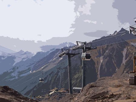Supports and cabins of the gondola-type cable car against the background of mountains on Elbrus on a cloudy day, dark muted tones, illustrationの写真素材