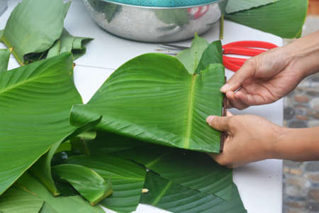 A man prepares a Vietnamese new year Banh Chung cake, measures the length of banana leaves to wrap the cakeの写真素材