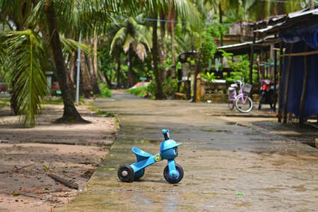 Children's little plastic blue bicycle stands on a wet concrete road against a background of palm treesの写真素材