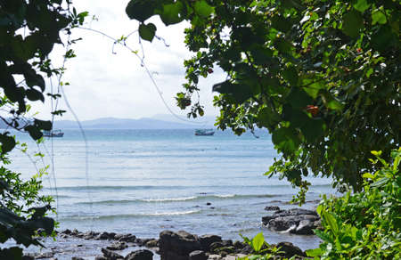 Seascape with two fishing boats, an island is visible on the horizon, trees in the foregroundの写真素材