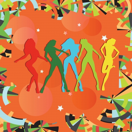 Dancing girls silhouettes on multi-colored backgroundのイラスト素材