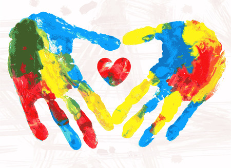 Heart in hands print,  colorful grunge illustration.のイラスト素材