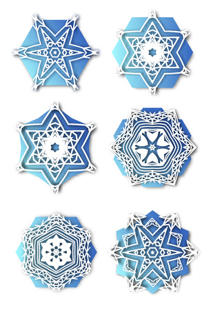Snowflakes with 3D effect, icons, winter concept. Modern geometric design.のイラスト素材