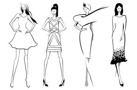 Fashion models.Sketch in black and white color. Set of vector women or girls.のイラスト素材