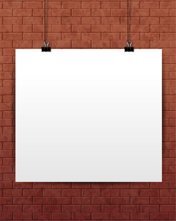 Vector white poster mock-up on the brick wall. Paper card hanging on the rop.のイラスト素材