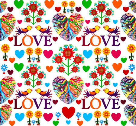 Bright floral romantic seamless pattern. Birds in love with hearts. Vector illustration,のイラスト素材