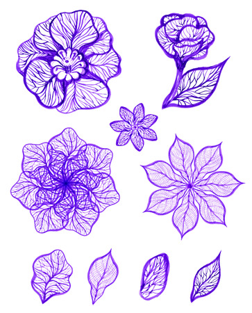 Set of ink isolated colorful flowers. Vector illustration.のイラスト素材