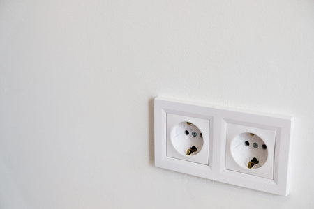 Two white European high voltage 220W sockets on a white wall with blank copy space. Typical modern...