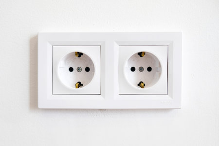 Pair of white European high voltage 220W sockets front on a white wall. Typical modern home...