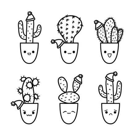 Cute Christmas cactus doodle set in sketch style. Cacti characters variety with kawaii emotions for New Year celebrationのイラスト素材